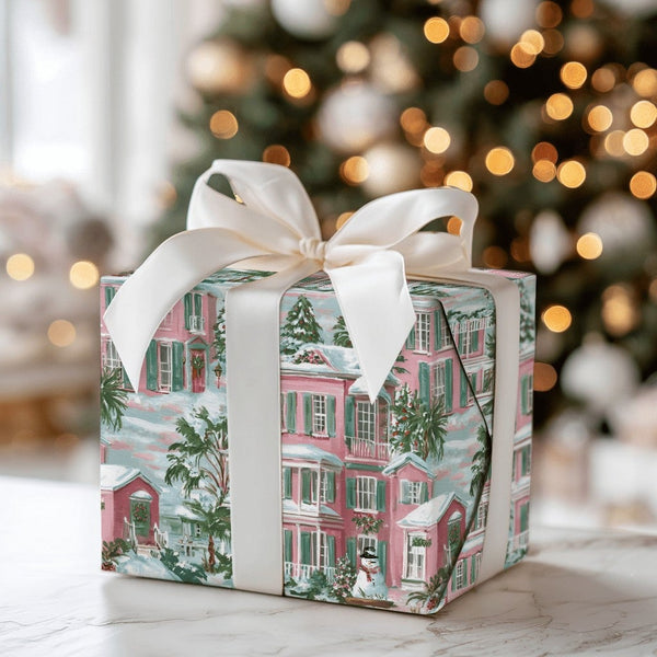 Pink Southern House Gift Wrap, Coastal Christmas Wrapping Paper, Palm Tree Holiday Wrapping Paper, Beach Xmas Gift Wrap, Wint