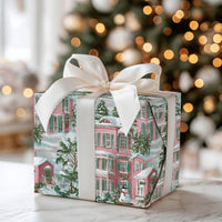 Pink Southern House Gift Wrap, Coastal Christmas Wrapping Paper, Palm Tree Holiday Wrapping Paper, Beach Xmas Gift Wrap, Winter Present Wrap