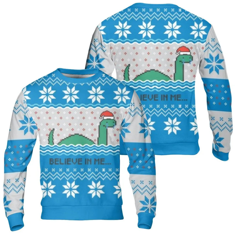 Pixel Art Nessie Ugly Xmas Sweater, Loch Ness Monster Christmas Sweatshirt, Cryptozoology Monster Holiday Graphic Crewneck Pullover