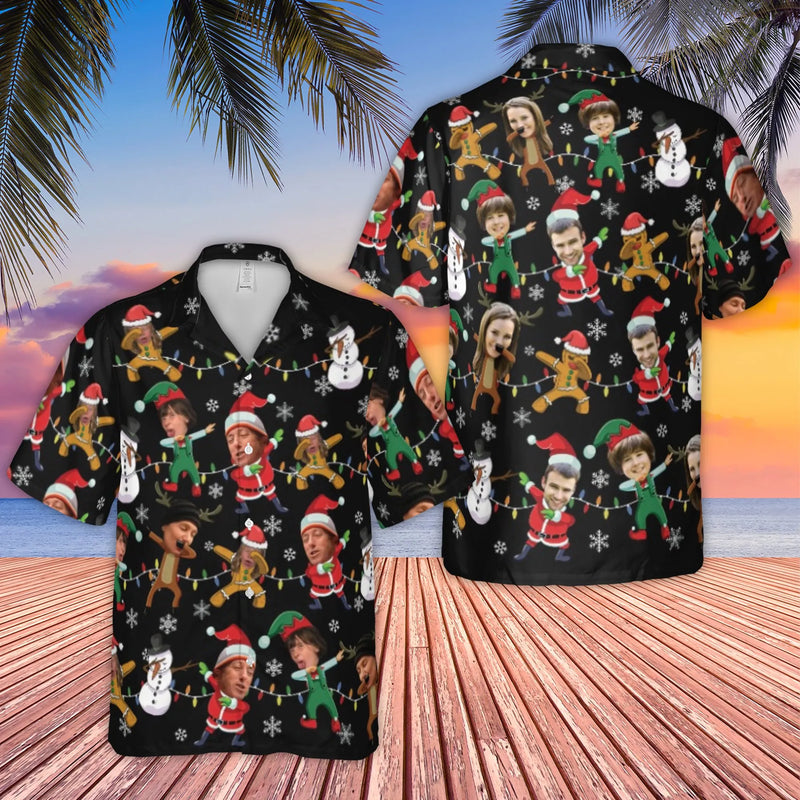 Dabbing Santa Elf Reindeer Aloha Shirt, Custom Face Christmas Hawaiian Shirt, Humorous Holiday Button Down Shirt, Family Party Outfit