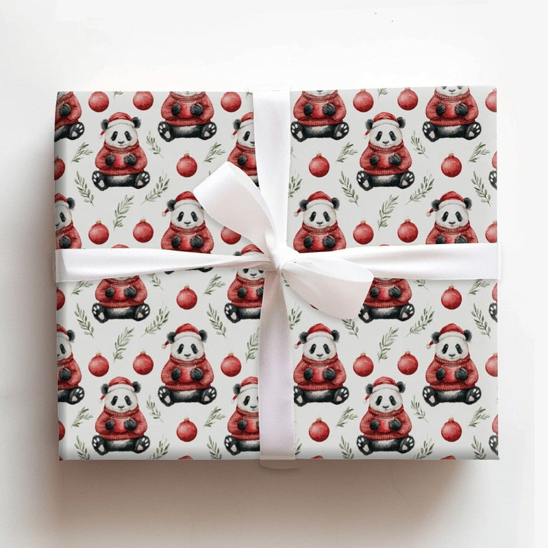 Adorable Bear Holiday Gift Wrap, Santa Hat Panda Christmas Wrapping Paper, Watercolor Christmas Panda Wrapping Paper, Winter Animal Present Wrap