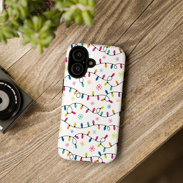 Holiday String Lights Snowflakes iPhone Phone Case, Colorful Christmas Lights Phone Case iPhone, Festive Winter Phone Cover, 