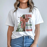 Retro Christmas Plaid Bow Tee, Jesus Is the Reason for the Season T-Shirt, Religious Christian Holiday Shirt, Faith Xmas Graphic Tee Present