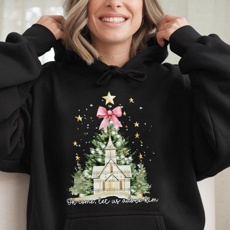 Christian Christmas Tree Hoodie, Oh Come Let Us Adore Him Hoodie, Watercolor Church Holiday Sweatshirt, Religious Xmas Hooded Pullover