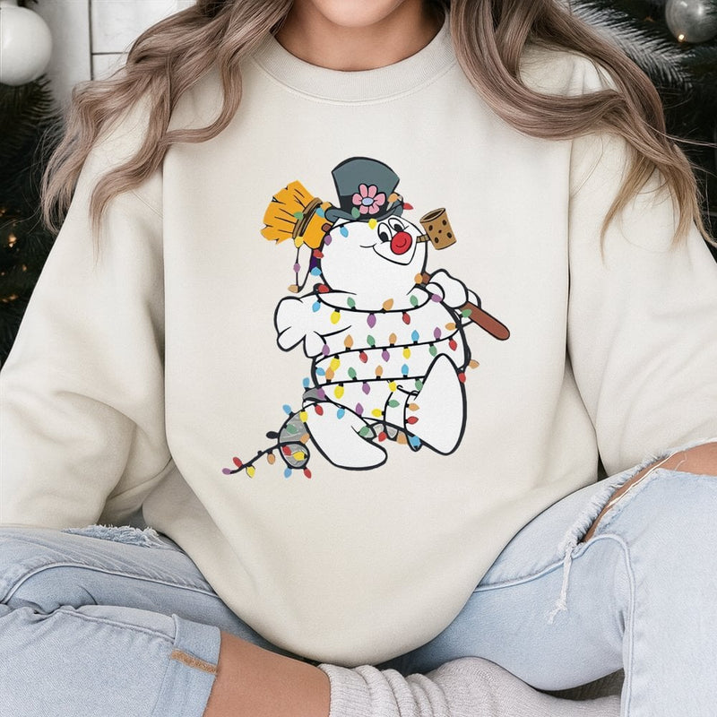 Festive Light String Holiday Sweater, Adorable Snowman Christmas Sweatshirt, Retro Snowman Crewneck Sweatshirt, Comfy Xmas Pullover Sweatshirt