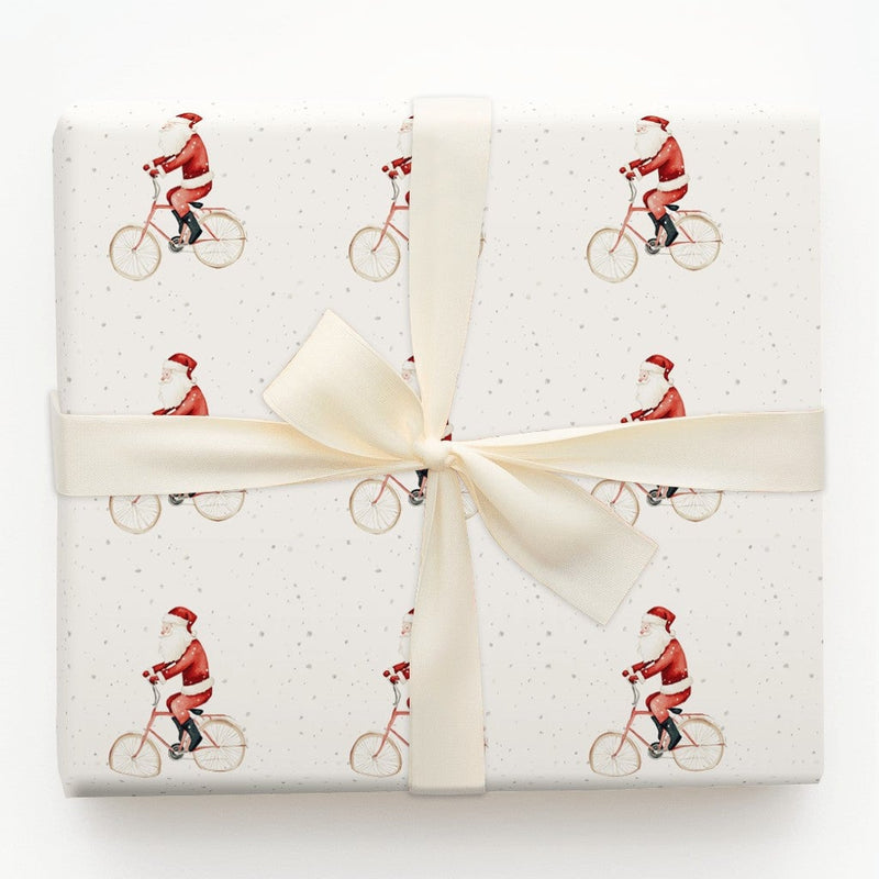 Whimsical Christmas Gift Wrap, Watercolor Santa on Bicycle Wrapping Paper, Retro Holiday Santa Wrapping Paper, Adorable Festive Gift Wrap Roll