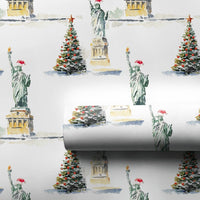 NYC Christmas Tree Gift Wrap, Statue of Liberty Wrapping Paper, New York Holiday Wrapping Paper, Watercolor City Winter Present Paper