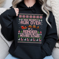 Humorous Christmas Quote Hoodie, Run Over by a Reindeer Hoodie, Holiday Graphic Sweatshirt, Winter Xmas Pullover Hooded Sweatshirt Present