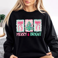 Merry and Bright Holiday Crewneck, Pink Bow Christmas Tree Sweatshirt, Preppy Coquette Xmas Sweater, Adorable Winter Present for Women