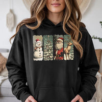 Retro Santa Snowman Tree Sweatshirt, Vintage Christmas Hoodie, Comfy Holiday Hooded Pullover, Xmas Graphic Pocket Hoodie Winter Present
