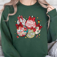 Disco Ball Holiday Graphic Crewneck, Retro Christmas Ornaments Sweatshirt, Coquette Bow Xmas Sweater, Festive Winter Holiday Pullover