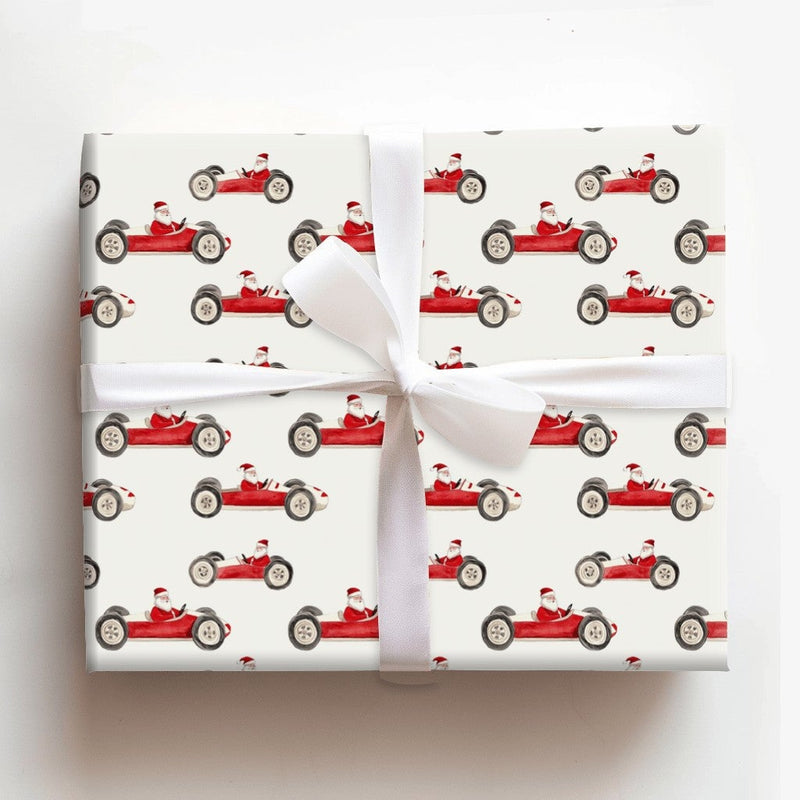Vintage Racing Santa Claus Gift Wrap, Race Car Santa Wrapping Paper, Humorous Holiday Present Paper, Whimsical Christmas Wrapping Paper Roll