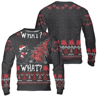 Humorous What What Knife Cat Sweatshirt, Black Cat Christmas Sweater, Ugly Holiday Crewneck Pullover, Sarcastic Xmas Party Shirt