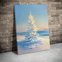 Snowy Beach Impressionist Wall Decor, Coastal Christmas Tree Canvas Art, Holiday Ocean Landscape Print, Digital Download Xmas Present