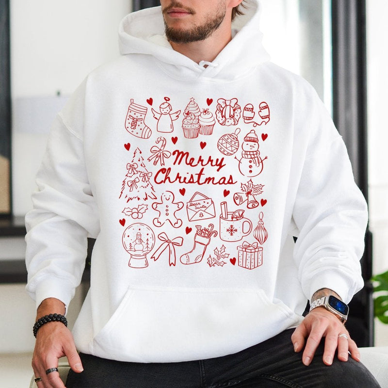 Festive Holiday Icons Graphic Hoodie, Merry Christmas Doodle Hoodie, Adorable Xmas Doodle Pullover Hoodie, Winter Holiday Hooded Sweatshirt