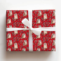 Holly Berry Christmas Gift Wrap, Winter Owl Wrapping Paper, Watercolor Woodland Bird Present Paper, Red Botanical Holiday Wrapping Paper