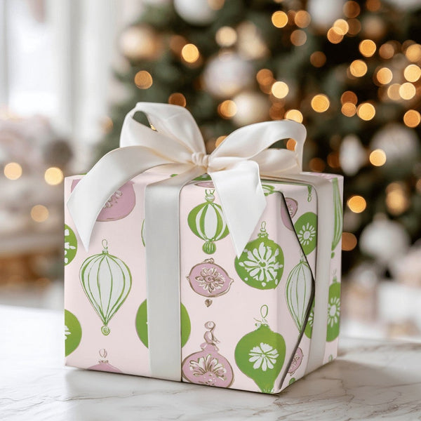 Pink and Green Holiday Gift Wrap, Retro Ornament Christmas Wrapping Paper, Vintage Bauble Wrapping Paper, Pastel Xmas Present