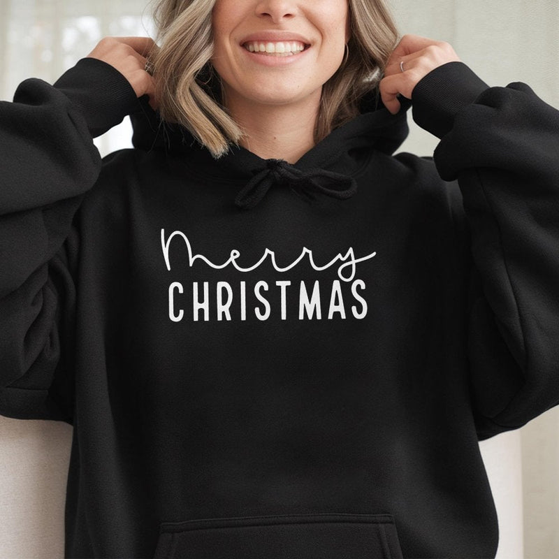 Minimalist Script Holiday Hoodie, Merry Christmas Hoodie, Comfy Xmas Lettering Hooded Sweatshirt, Winter Christmas Pullover Hoodie