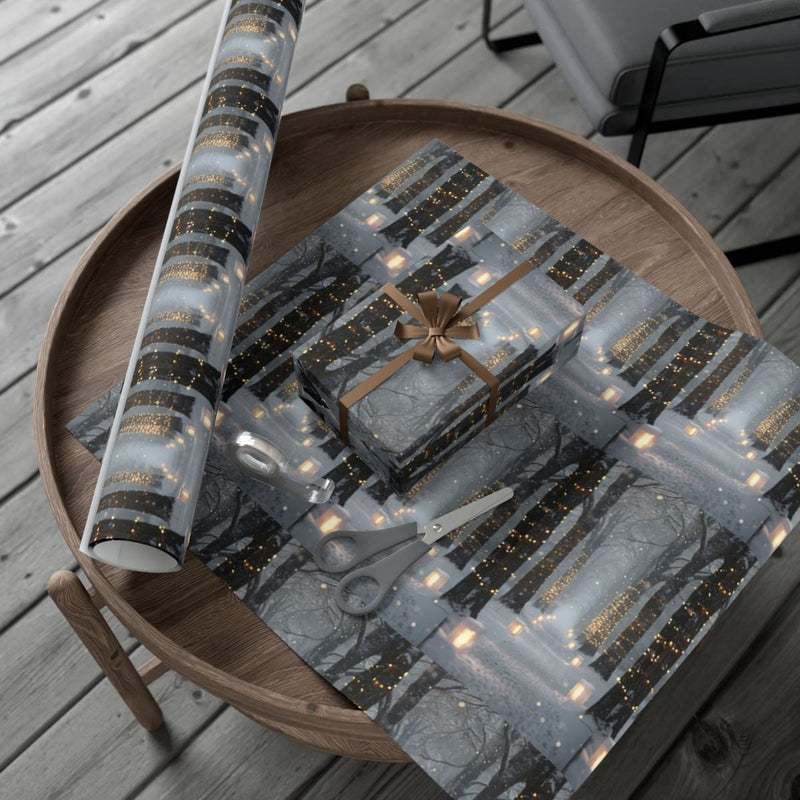 Snowy Woodland Path Gift Wrap, Winter Forest Wrapping Paper, Fairy Lights Holiday Gift Wrapping Paper, Elegant Christmas Paper Roll