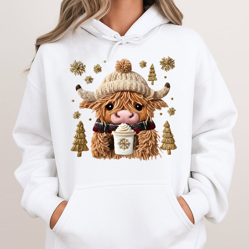 Faux Embroidery Scottish Cow Hoodie, Highland Cow Christmas Hoodie, Comfy Winter Farm Animal Hooded Sweatshirt, Xmas Highland Cow Pullover
