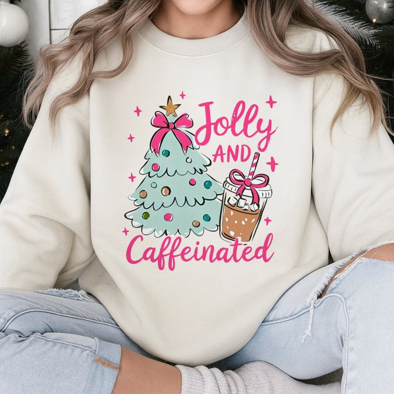 Coffee Lover Christmas Crewneck, Jolly and Caffeinated Christmas Sweatshirt, Humorous Xmas Coffee Sweater, Festive Holiday Coffee Pullover