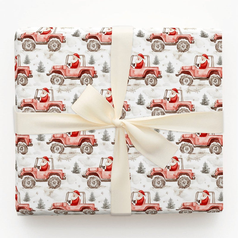 Red Off Road Vehicle Gift Wrap, Santa Claus Truck Wrapping Paper, Christmas Tree Paper Roll, Holiday Winter Gift Wrap, Car Lover Xmas Paper