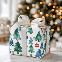 Watercolor Tree Holiday Gift Wrap, Patriotic Christmas Wrapping Paper, Red White Blue Xmas Wrapping Paper
