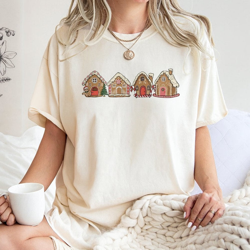 Holiday Cookie Village T-Shirt, Gingerbread House Christmas T-Shirt, Adorable Festive Xmas Graphic T-Shirt, Winter Holiday Tee, Present for Her