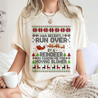 Humorous Ugly Christmas Sweater Style Tee, Run Over by A Reindeer T-Shirt, Sarcastic Holiday Party Shirt, Retro Christmas Humor T-Shirt