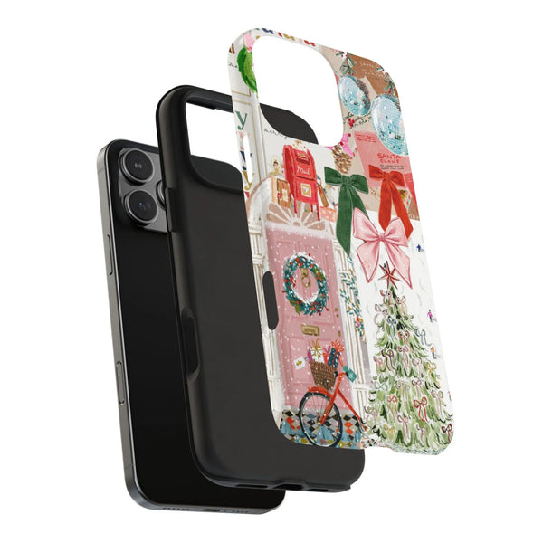Watercolor Door Wreath Disco Ball Cover, Pink Christmas Collage iPhone Phone Case, Festive Holiday Tough Phone Case, Xmas Pre