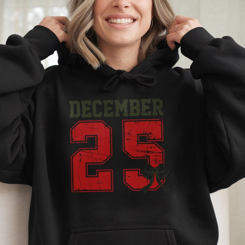 Retro Holiday Graphic Sweatshirt, December 25 Christmas Hoodie, Vintage Distressed Xmas Hooded Pullover, Winter Holiday Party Hoodie