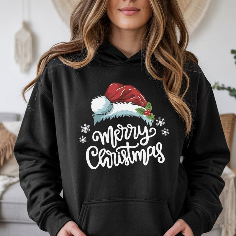 Santa Hat and Holly Berry Hooded Sweatshirt, Merry Christmas Hoodie, Comfy Winter Holiday Hoodie, Festive Christmas Season Pullover