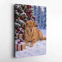 Holiday Dog Wall Art, Golden Retriever Christmas Canvas, Snowy Christmas Tree Dog Print, Festive Pet Lover Canvas Art, Winter Dog Lover Present