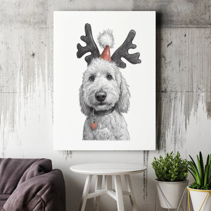 Dog Reindeer Antlers Sketch Print, Goldendoodle Christmas Canvas Wall Art, Holiday Puppy Canvas Portrait, Dog Lover Digital Download