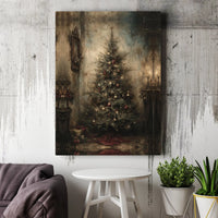 Moody Antique Room Oil Painting Art, Vintage Christmas Tree Canvas Print, Rustic Holiday Wall Decor, Nostalgic Xmas Canvas Present