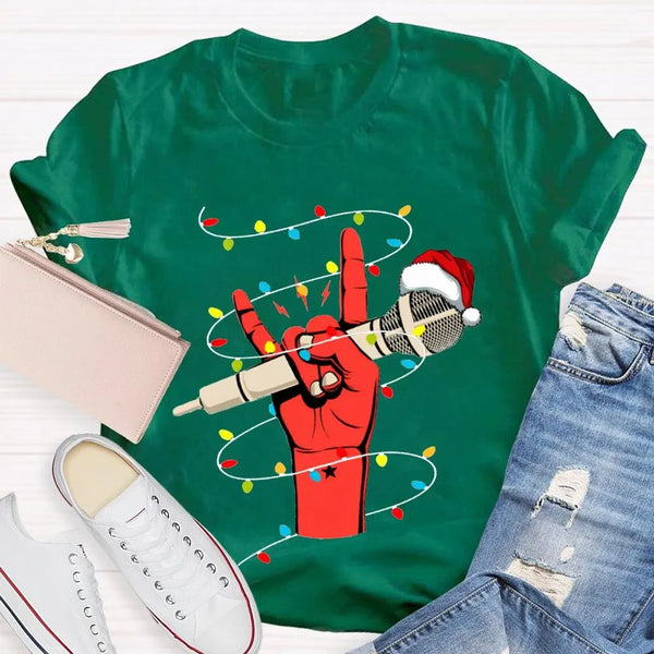 Festive Singer Holiday Graphic Tee, Christmas Microphone Santa Hat Shirt, Music Lover Christmas T-Shirt, Vocalist Musician Xm