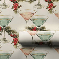 Pink and Teal Cocktail Gift Wrap, Christmas Martini Wrapping Paper, Retro Holiday Drinks Wrapping Paper, Festive Pine and Holly Gift Wrap