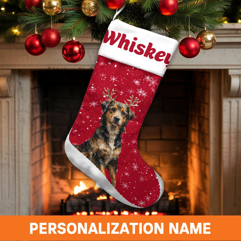 Personalized Dog Holiday Stocking, Dog Reindeer Antlers Christmas Stocking, Custom Pet Christmas Stocking, Festive Fireplace Mantle Decor