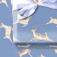 Leaping Deer Holiday Gift Wrap, Watercolor Reindeer Wrapping Paper, Starry Blue Winter Paper, Whimsical Christmas Wrapping Paper Roll