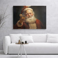 Vintage Oil Painting Santa Portrait, Santa Claus Toasting Canvas Wall Art, Christmas Holiday Canvas Print, Festive Canvas Decor