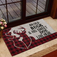 Buffalo Plaid Deer Welcome Mat, Old Buck and Sweet Doe Christmas Doormat, Rustic Winter Cabin Door Rug, Non-Slip Holiday Couple Present