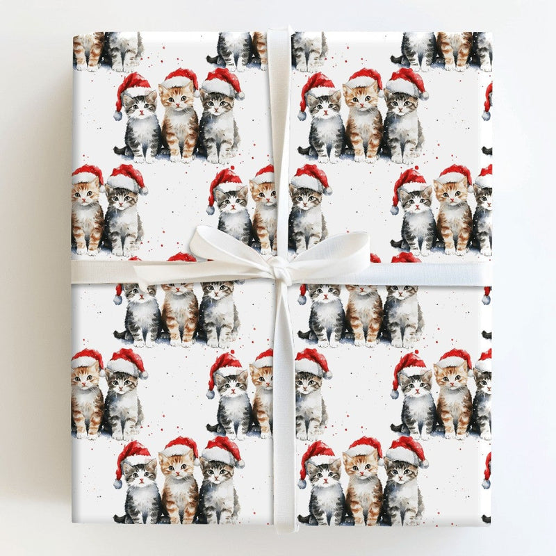 Adorable Cat Lover Christmas Gift Wrap, Watercolor Kittens in Santa Hats Wrapping Paper, Festive Holiday Wrapping Paper, Kitten Present Paper
