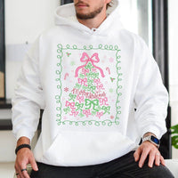 Pink Bow Aesthetic Winter Hoodie, Coquette Christmas Tree Hoodie, Merry Christmas Hooded Pullover, Adorable Holiday Girls Graphic Hoodie