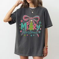Coquette Tree Bow Graphic Tee, Bright Neon Christmas Tree T-Shirt, Trendy Merry Christmas Shirt, Festive Holiday Party Top