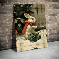 Festive Bunny Canvas Print, Vintage Christmas Rabbit Canvas, Winter Holly Rabbit Wall Art, Holiday Bunny Canvas, Christmas Home Decor Present