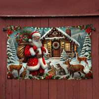 Winter Woodland Deer Cabin Banner, Santa Claus Christmas House Flag, Double-Sided Holiday Garden Flag, Rustic Xmas Lawn Decor