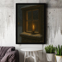 Comfy Candle Canvas Print, Winter Snowy Window Canvas Wall Art, Warm Holiday Canvas Wall Decor, Christmas Season Wall Art, Comfy Home Present