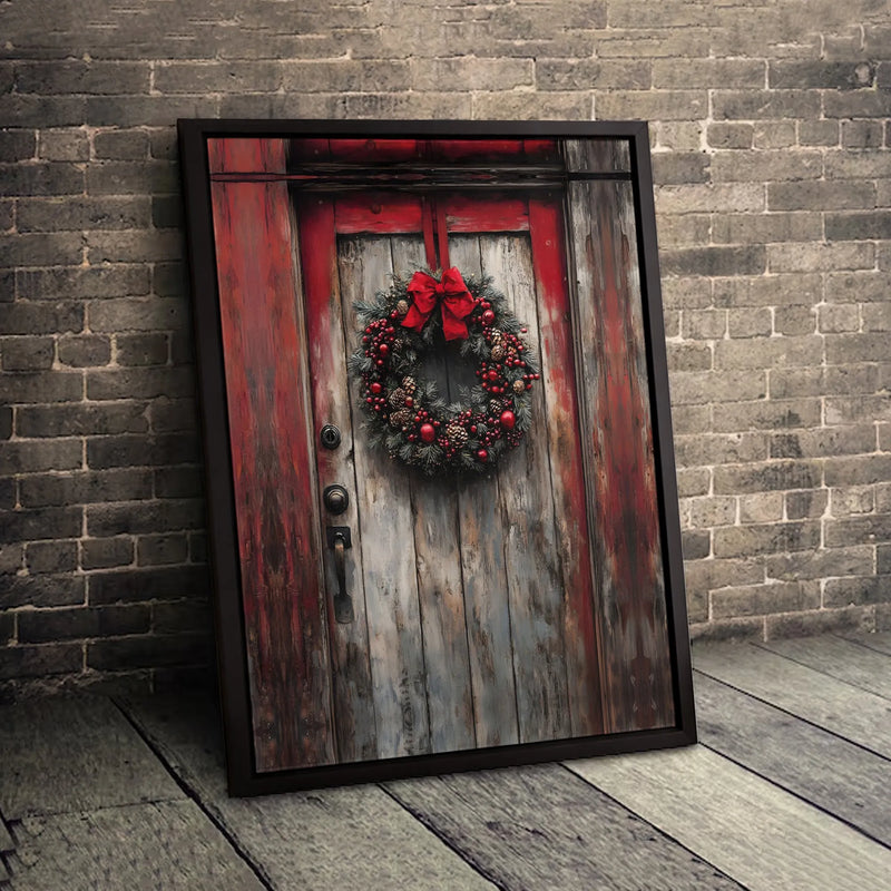 Red Barn Door Farmhouse Holiday Print, Rustic Christmas Wreath Canvas Wall Art, Winter Festive Decor, Digital Download Printable Poster