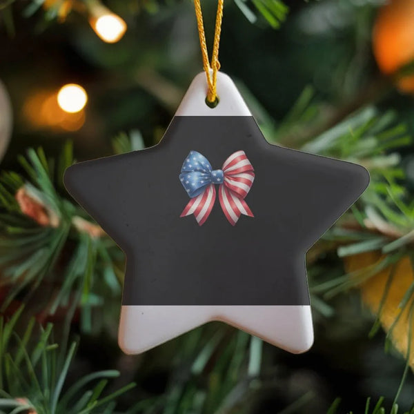 USA Patriotic Bow Holiday Ornament, Coquette American Flag Star Ceramic Ornament, Star Shaped Ceramic Keepsake, 4th of July C