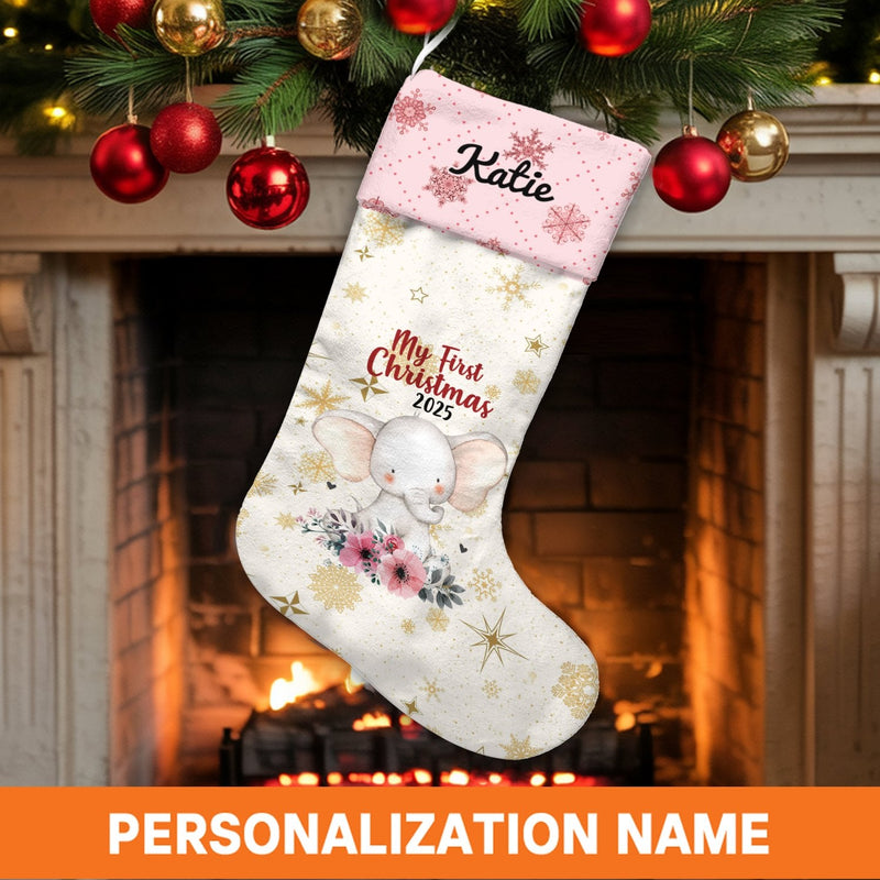 Adorable Floral Elephant Stocking, Personalized Baby First Christmas Stocking, Custom Name Holiday Stocking, Baby Girl Keepsake Present 2025